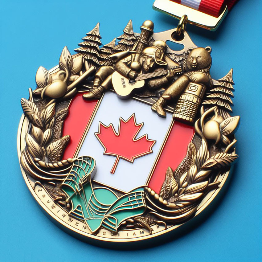 A custom Canadian medal featuring a prominent maple leaf design