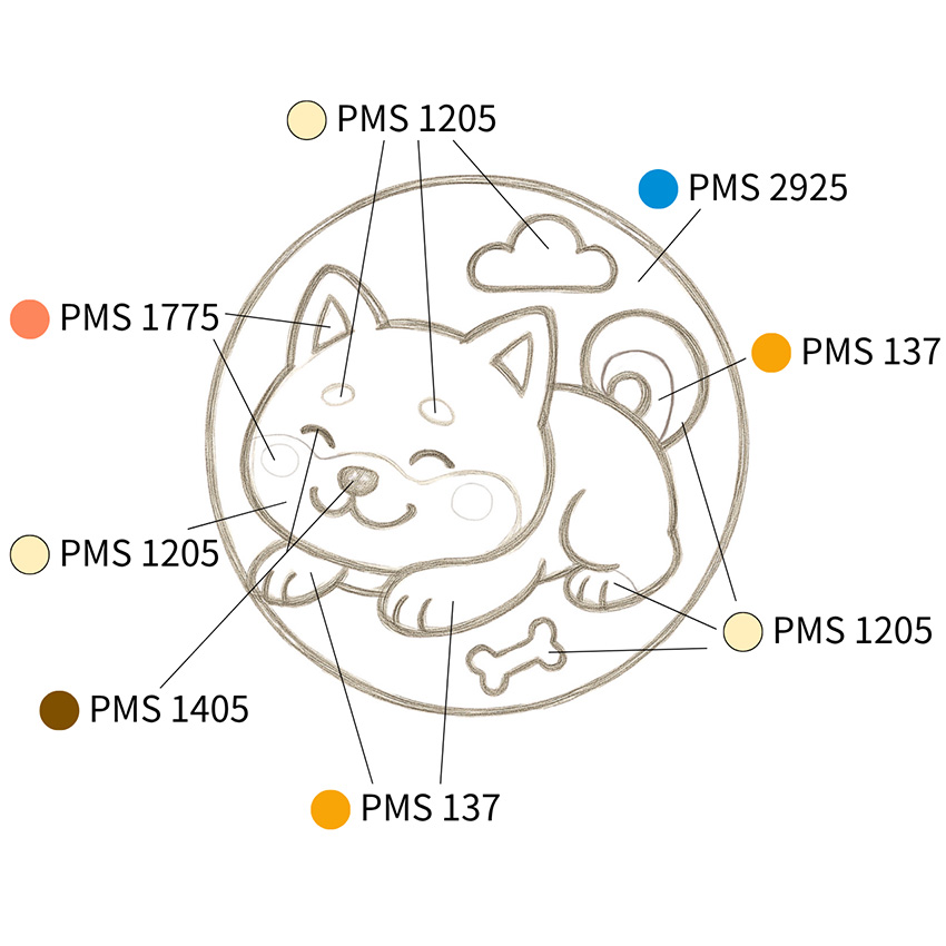 The sketch with specified PMS color codes for each part of the design.