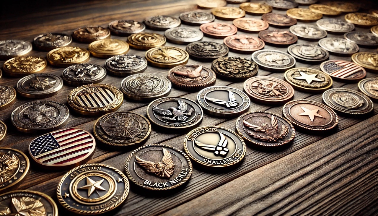 A line of diverse challenge coins with various platings on a wooden surface.