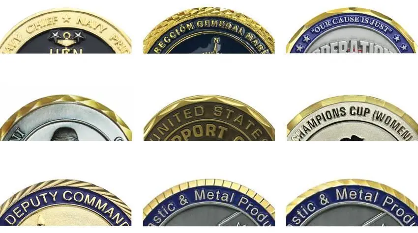 A collage of various commemorative metal challenge coins and medals