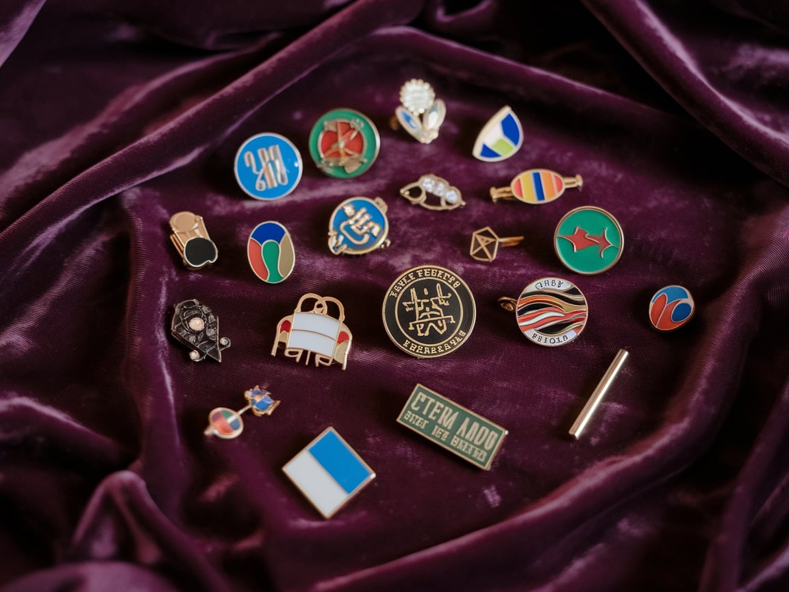 A variety of colorful custom lapel pins and brooches on a purple velvet cloth