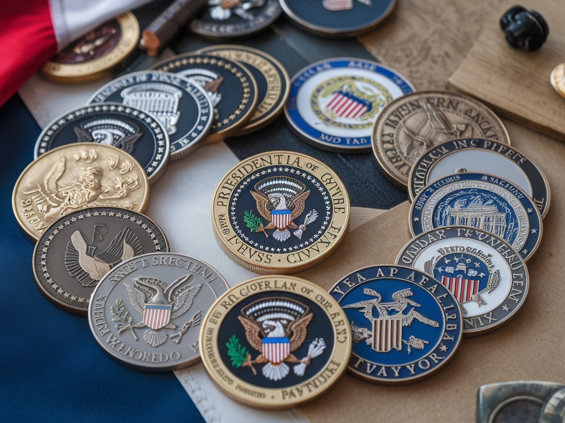 A collection of commemorative coins with American seals.