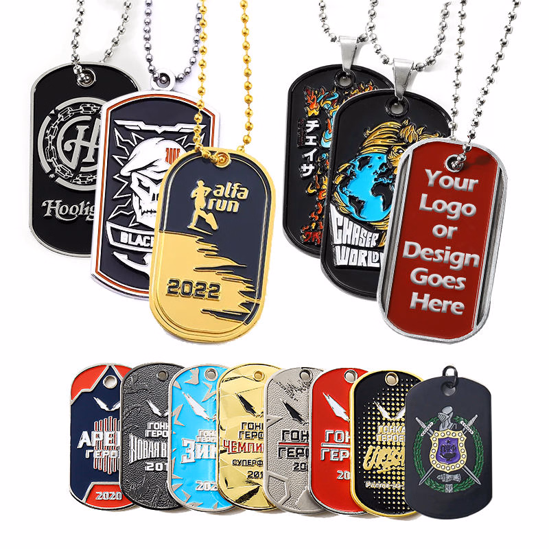 A collection of custom dog tag necklaces in various styles and finishes.