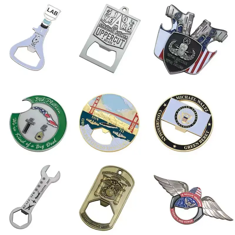A collection of various custom metal bottle openers with different designs
