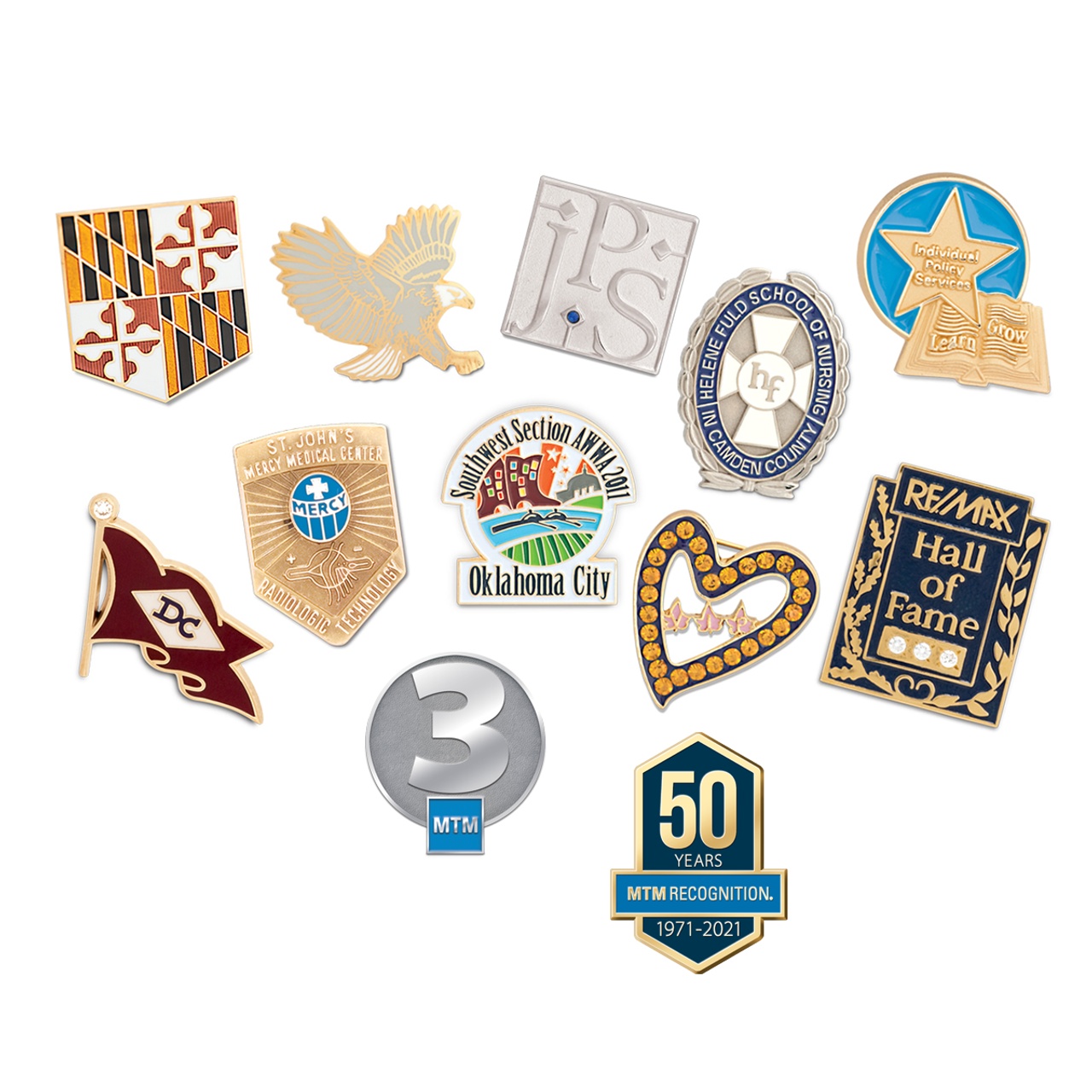 A diverse collection of custom pins and badges, showcasing different designs for various organizations, events, and achievements.