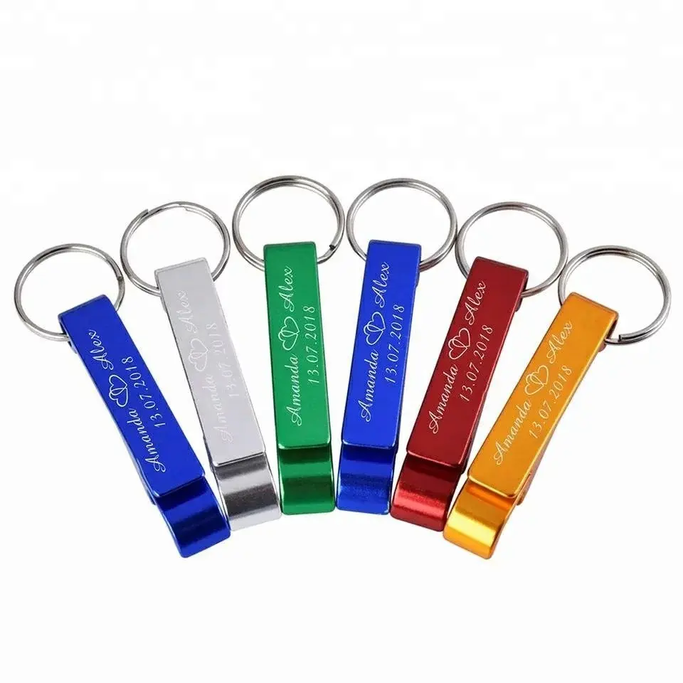 Customized aluminum bottle opener keychains with laser engraving for a wedding