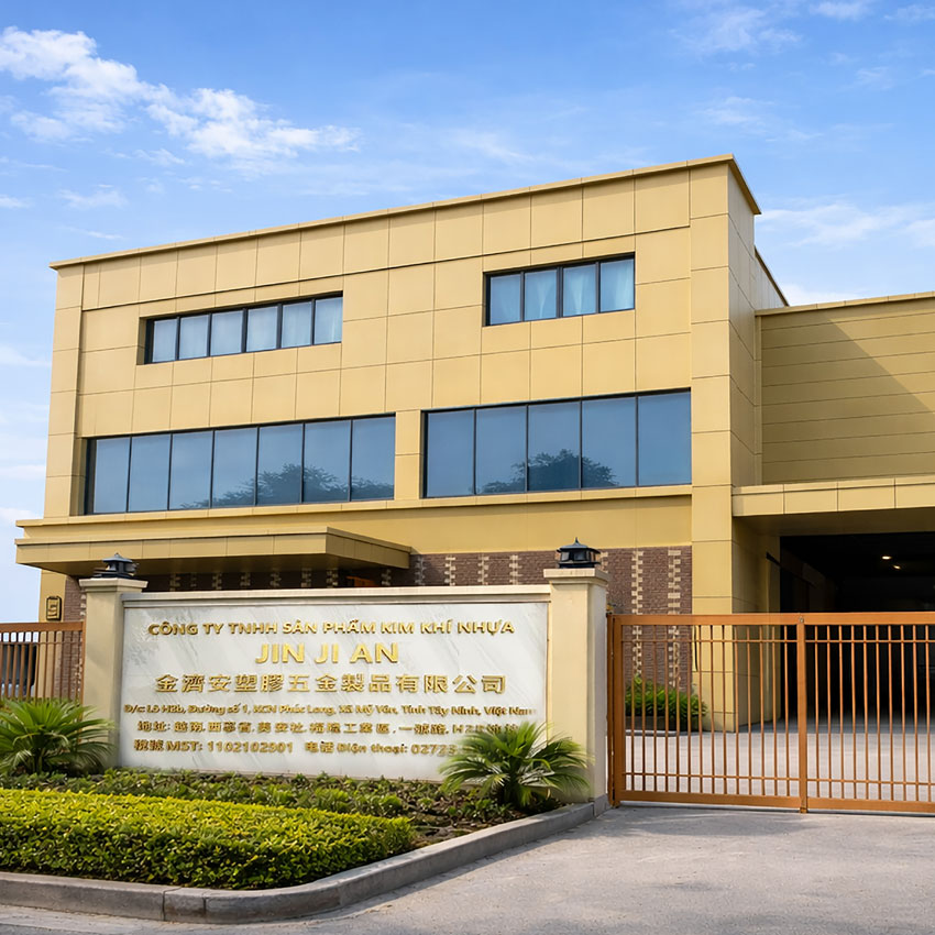 Jin Jumbo's Dongguan Metal Factory building with brand logos