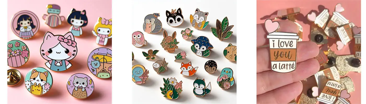 A colorful collection of various enamel pin designs, including characters and themed icons.