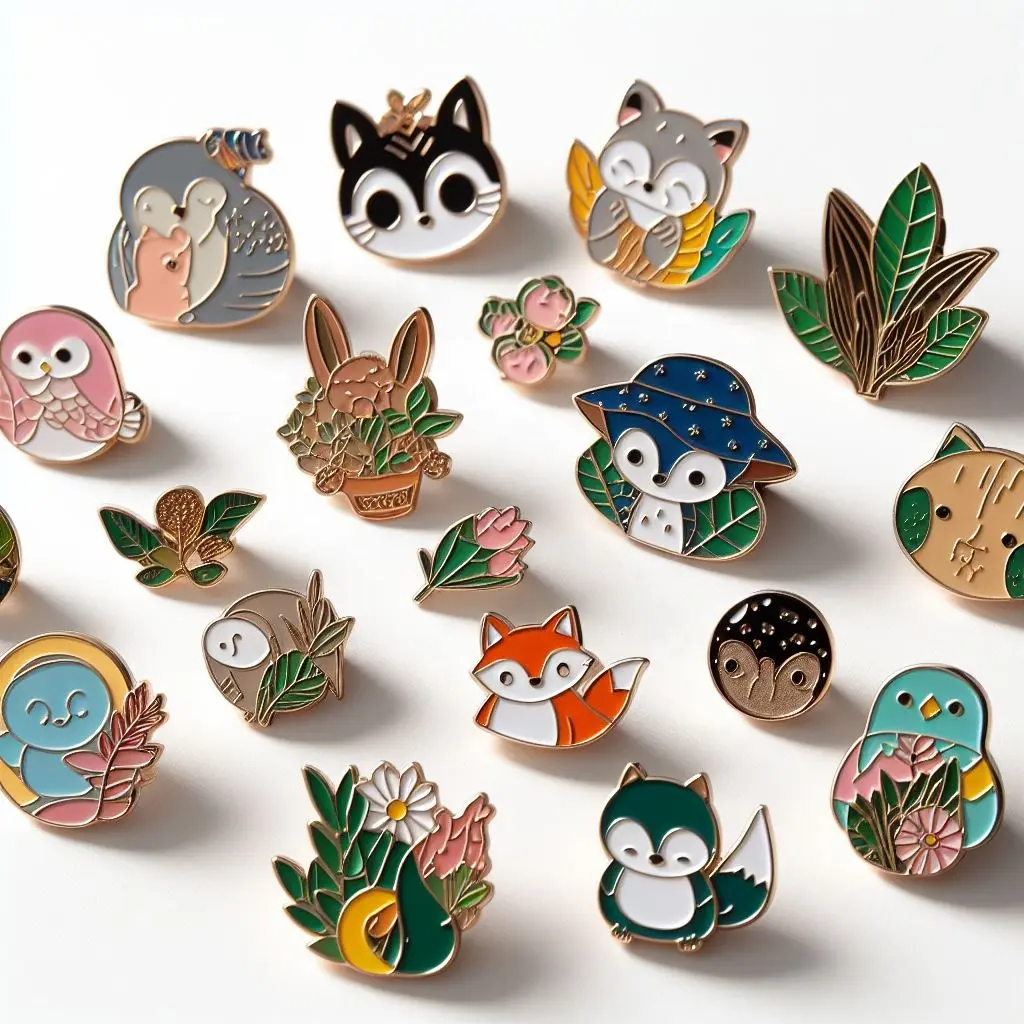 A diverse collection of enamel pins with various animal and plant designs