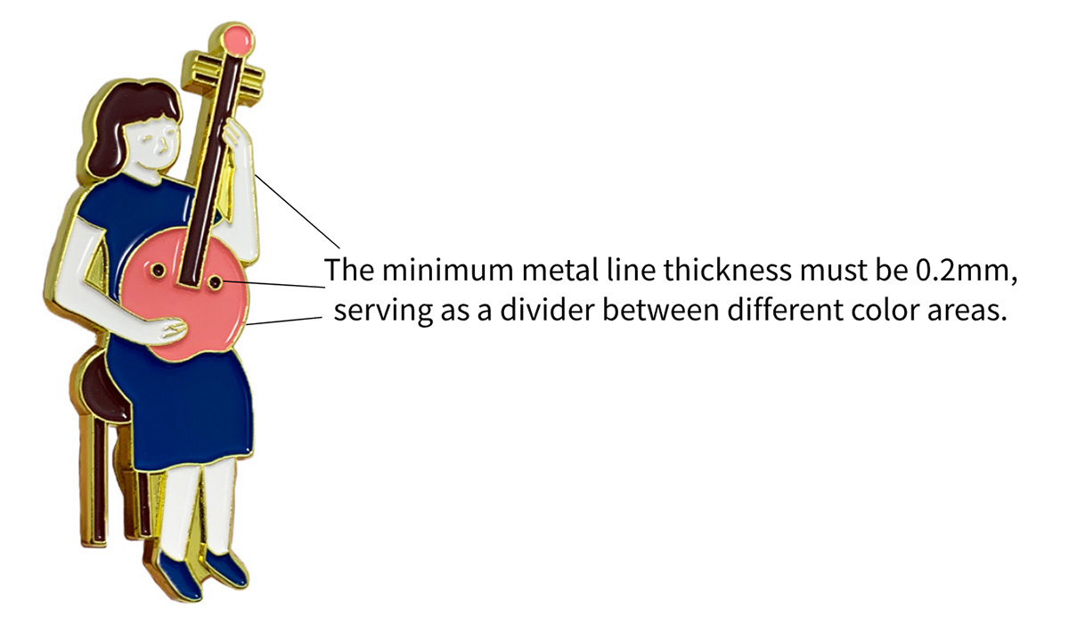 Diagram showing the minimum 0.2mm metal line thickness required for enamel pin designs.