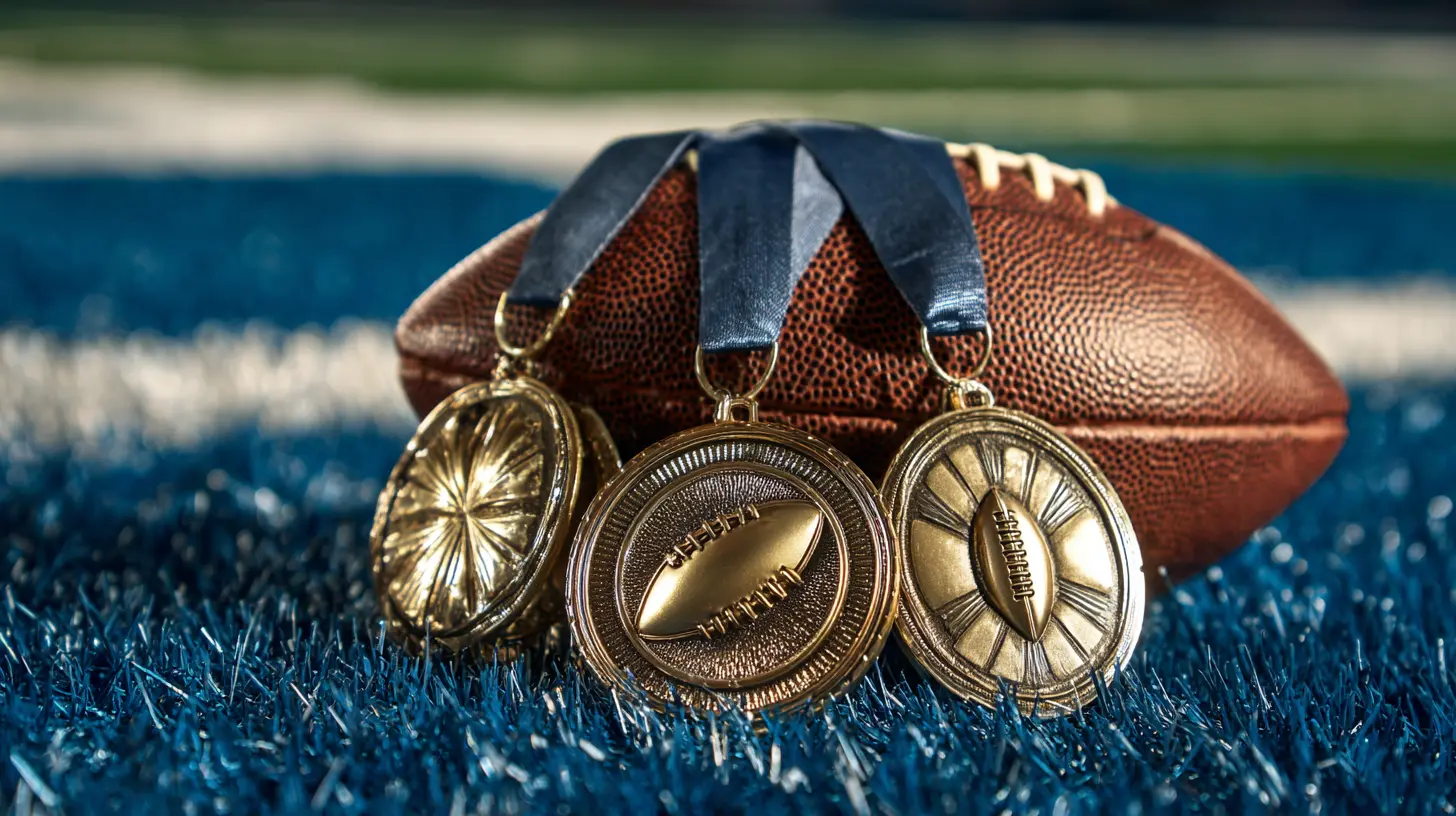 A football resting next to three gold medals