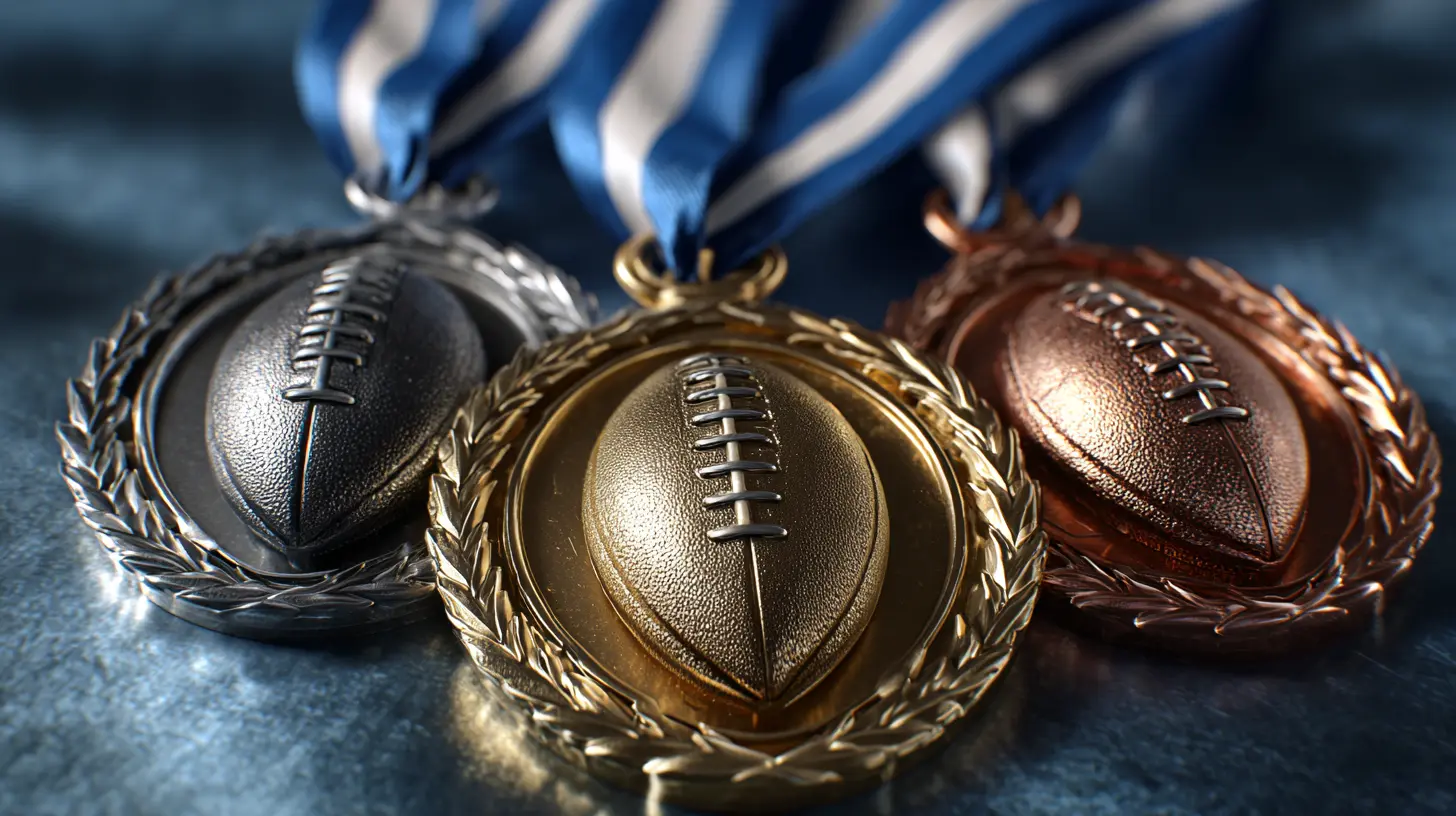 Three football medals with ribbons ready for an awards ceremony