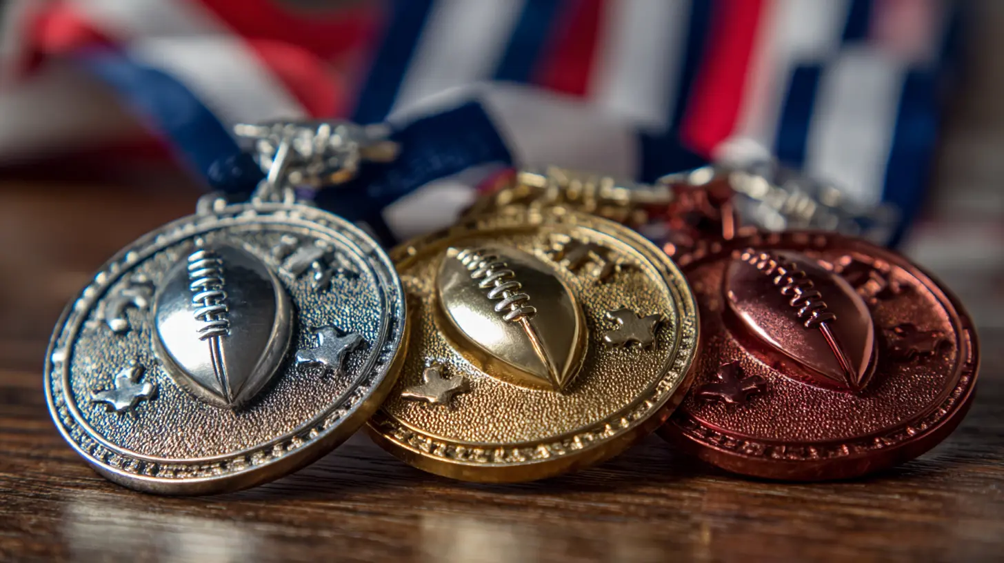 A set of gold, silver, and bronze football medals