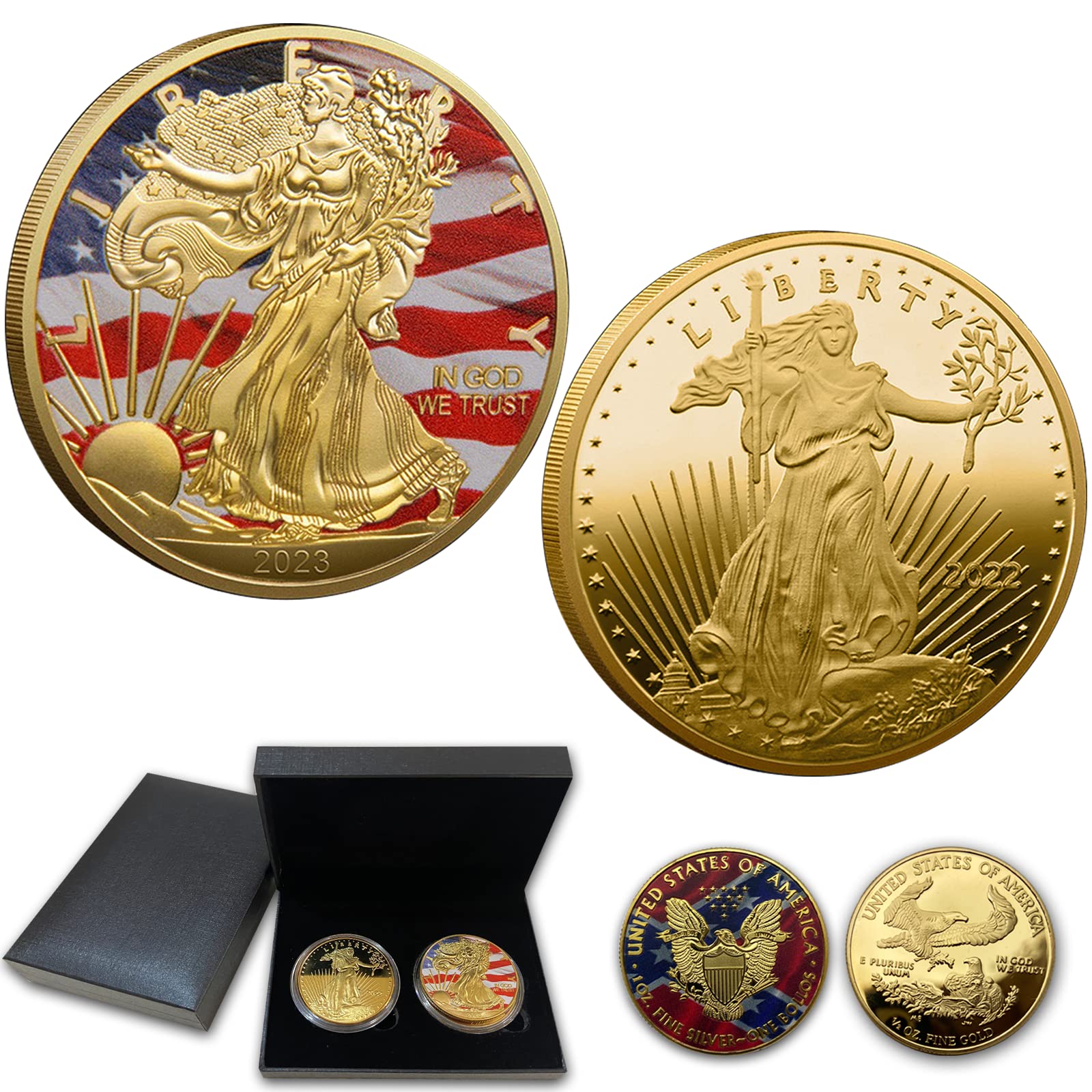 Gold coins featuring Liberty and American symbols, representing collectible value.