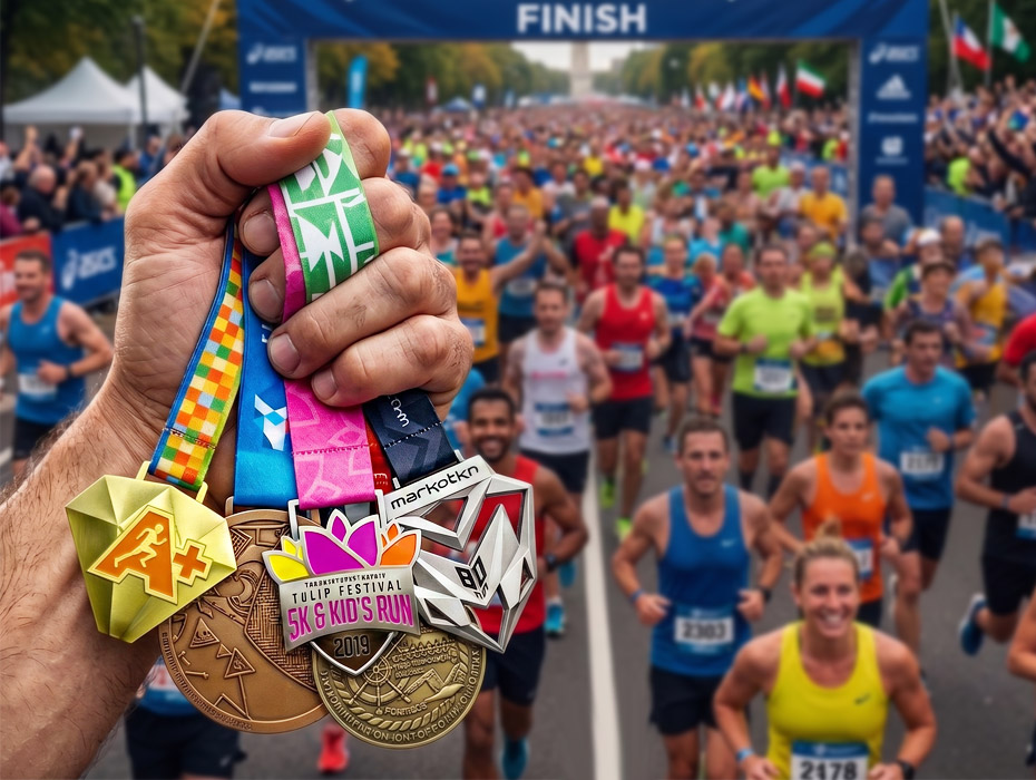 A high-quality gold sport medal representing achievement in a marathon.