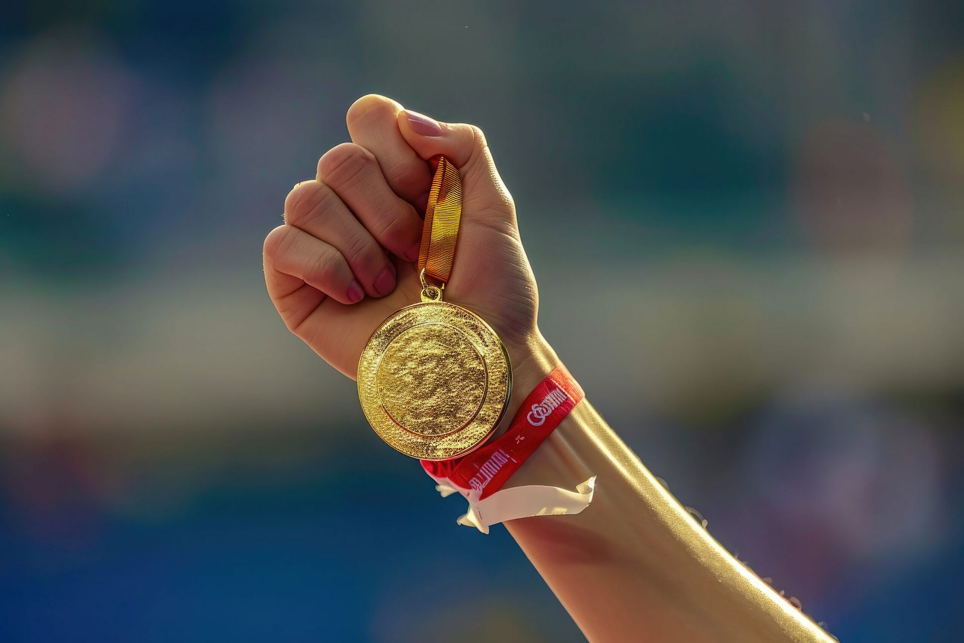 A hand holding a gold medal from a sporting event.