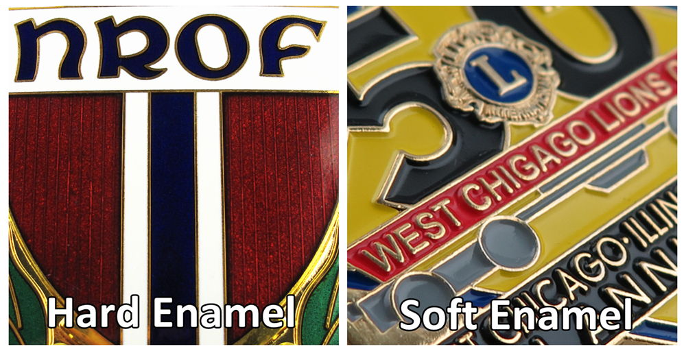 A visual comparison showing the smooth surface of a hard enamel badge versus the textured, recessed surface of a soft enamel badge.