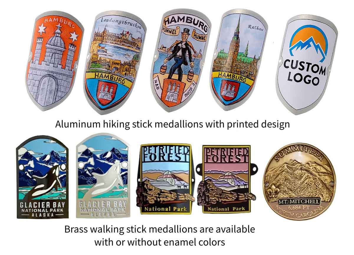 Various examples of aluminum and brass hiking stick medallions