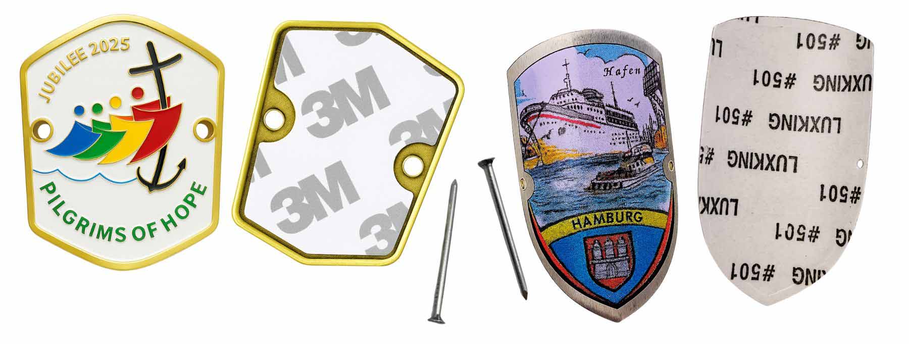 Custom hiking stick medallions with nail fittings or 3M adhesive backing