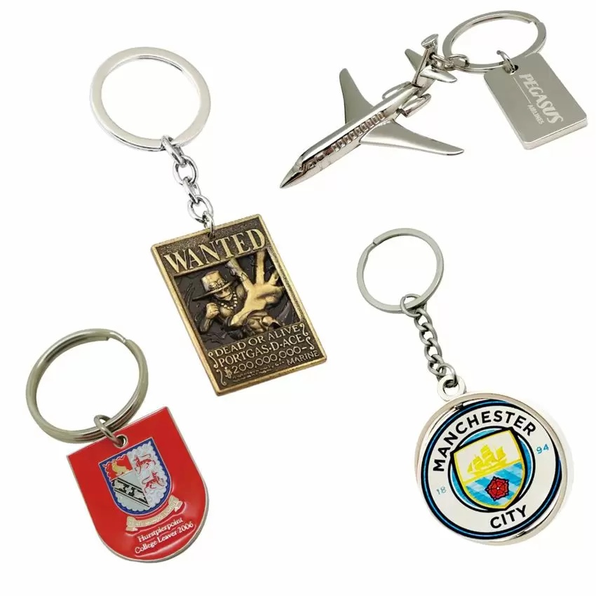 A collection of creative metal keychains with various designs