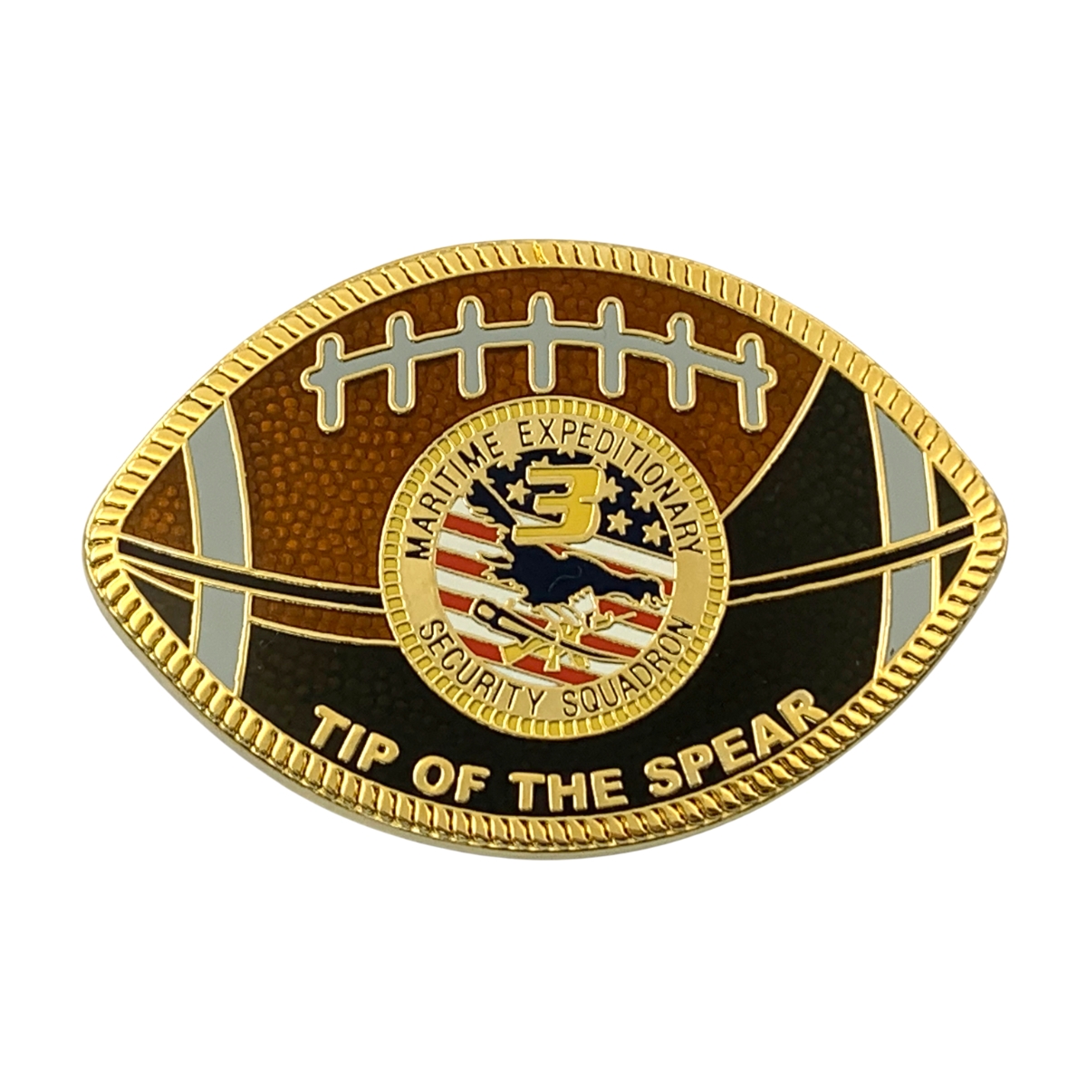 A custom rugby-shaped coin for a maritime security squadron.