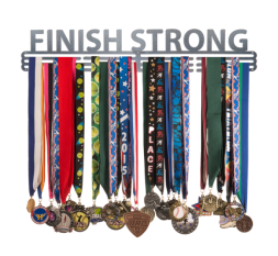 A medal hanger with 13 medals and ribbons, promoting a motivational message.