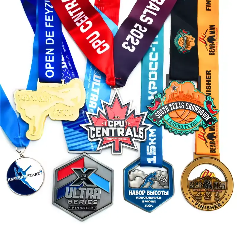 A variety of custom military medals and ribbons from different events