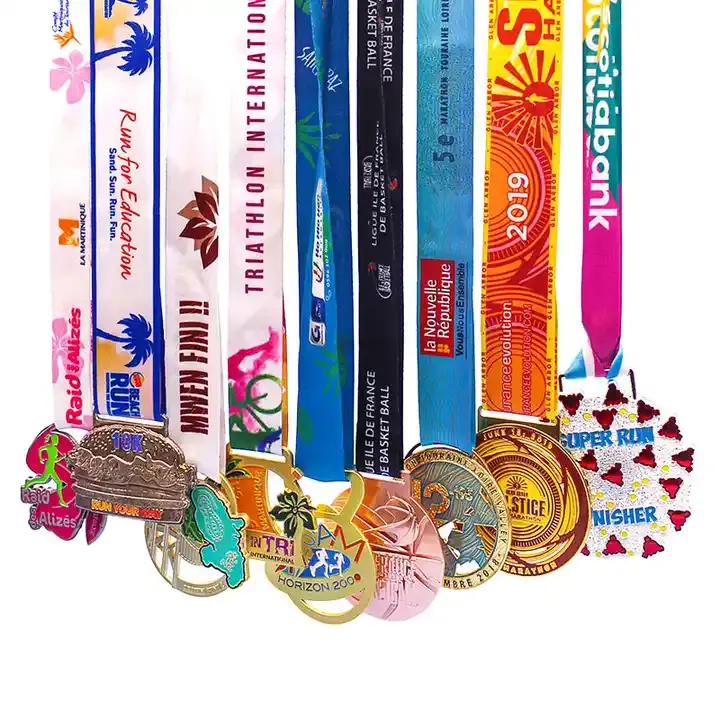 Collection of triathlon and running medals with ribbons
