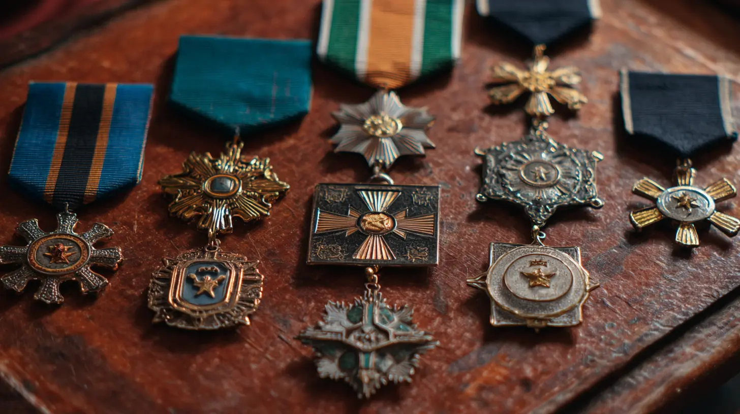 A diverse collection of military medals and badges on a wooden surface