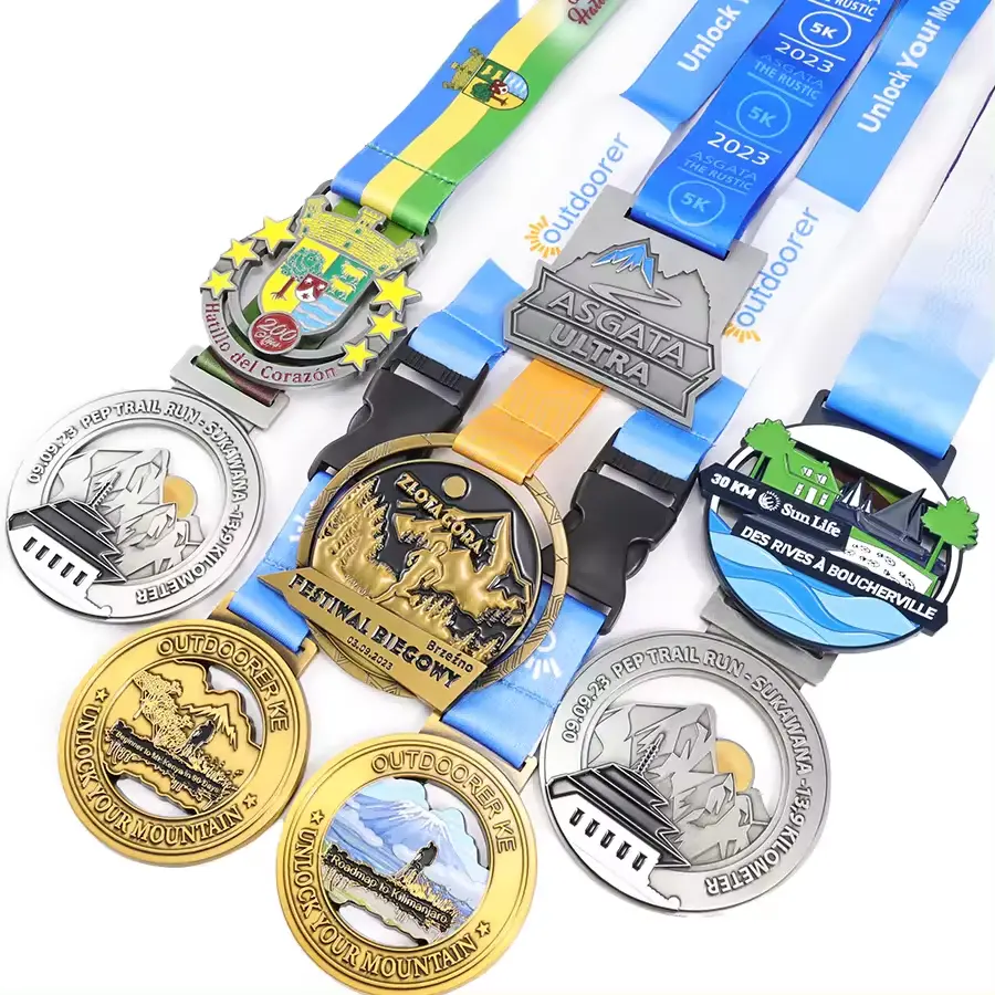 A variety of medals for running or outdoor events, featuring different designs and ribbons.