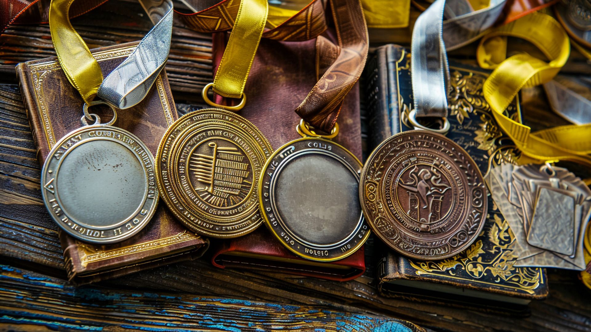 Four distinct medals, likely representing different achievements, displayed on a collection of old books.