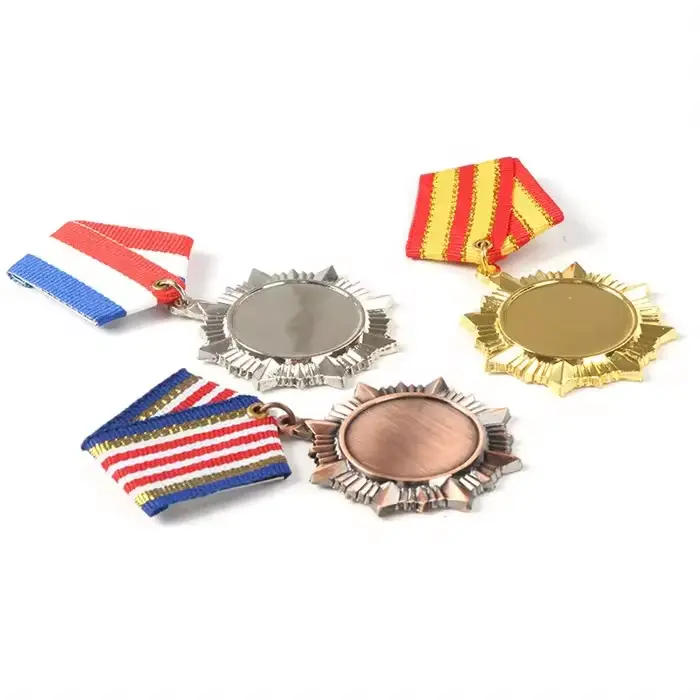 Four custom military medals with distinct ribbon colors and medal finishes