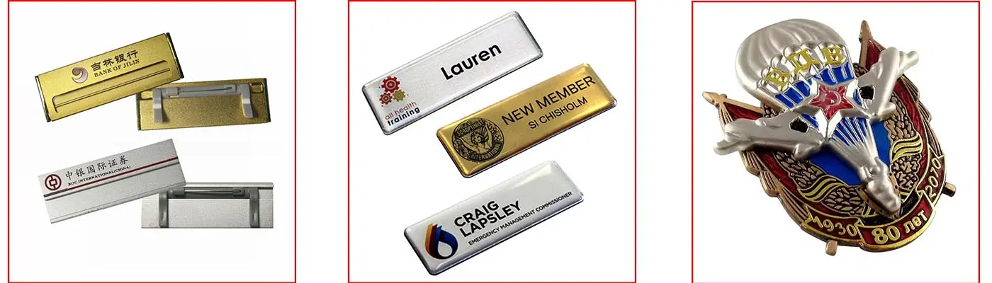 Various metal nameplates and a military-style emblem for identification purposes.