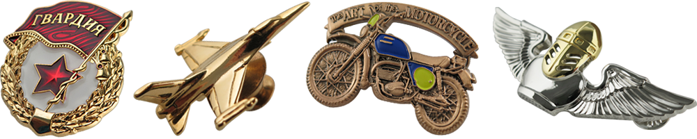 A collection of custom metal pin badges showcasing different materials and designs.