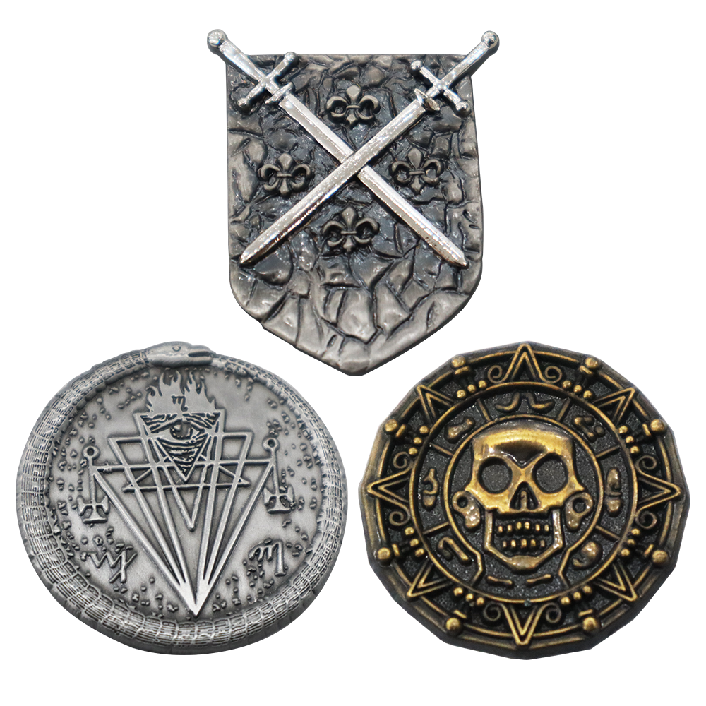 Intricately designed metallic coins and tokens made with natural metal finishing