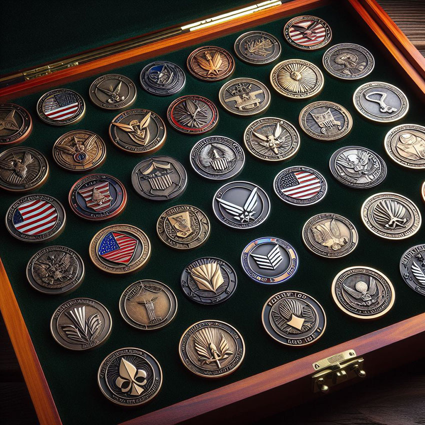 A collection of custom military challenge coins in a display case.