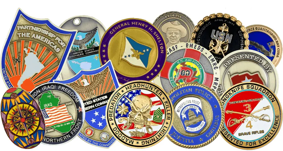 A collection of various military challenge coins