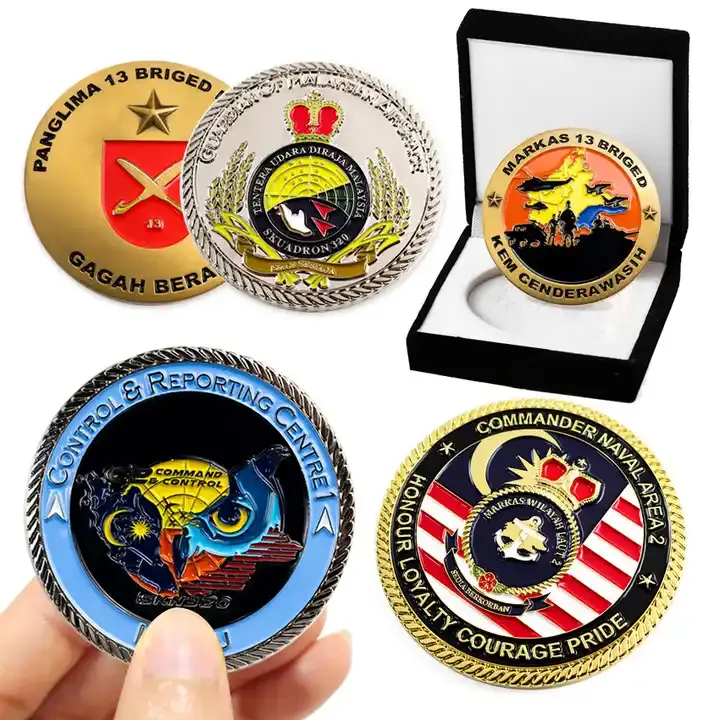 A collection of various custom military challenge coins