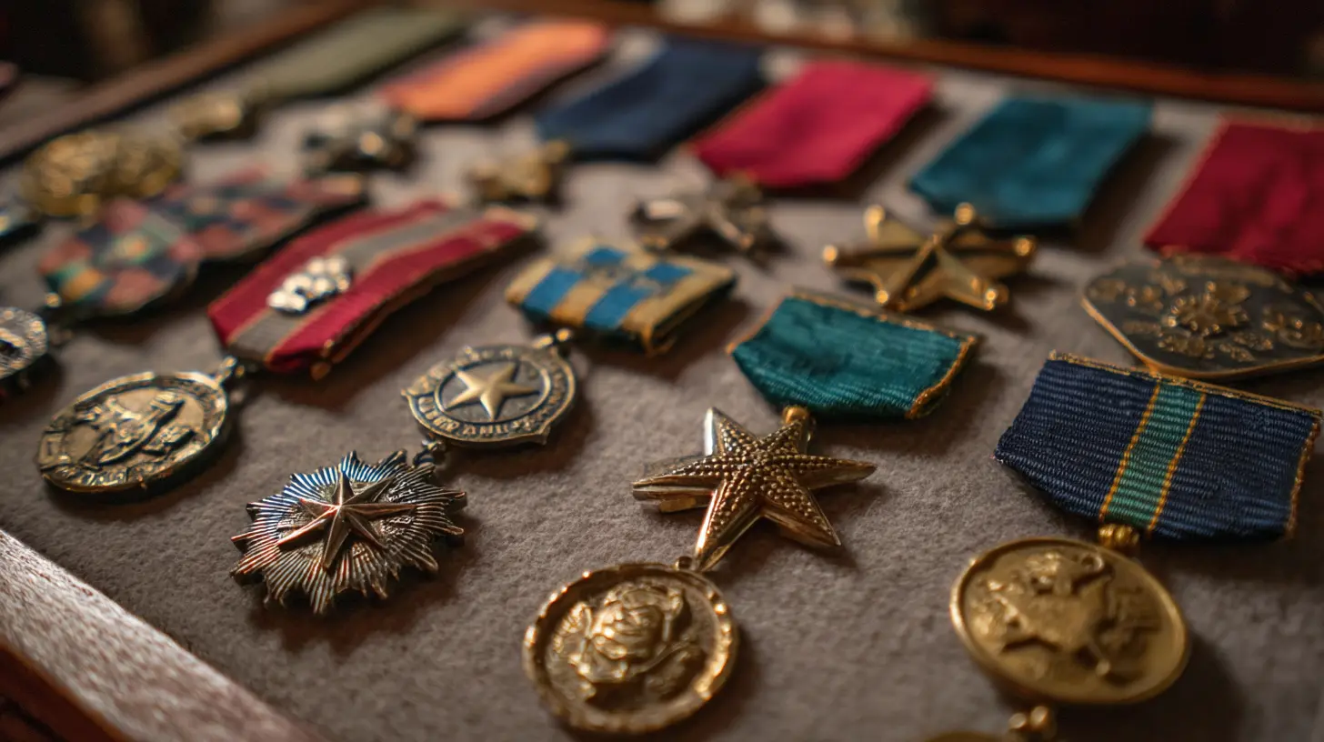 A display case with various military medals and ribbons