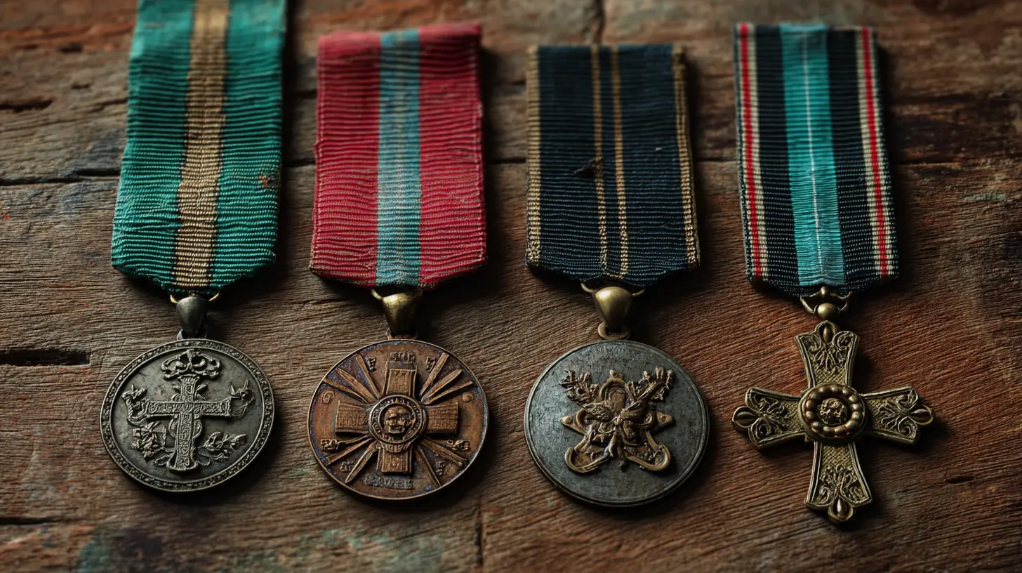 Close-up of four distinct military medals with colorful ribbons
