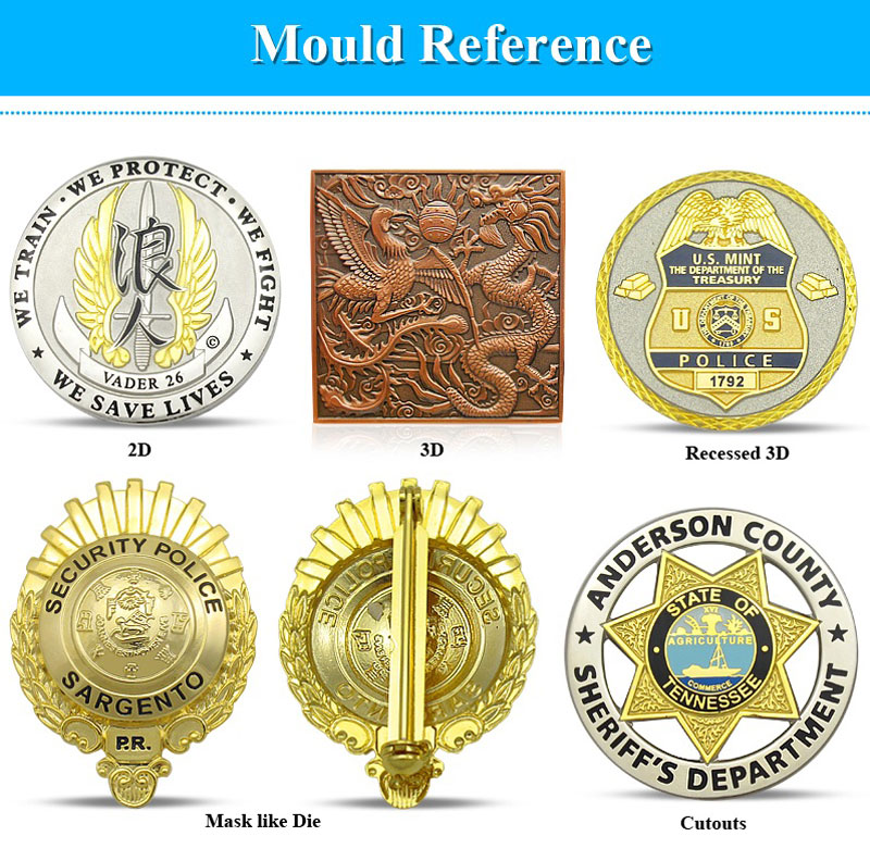 Various badges created with the mask-like die technique, illustrating the hollow, double-sided effect.