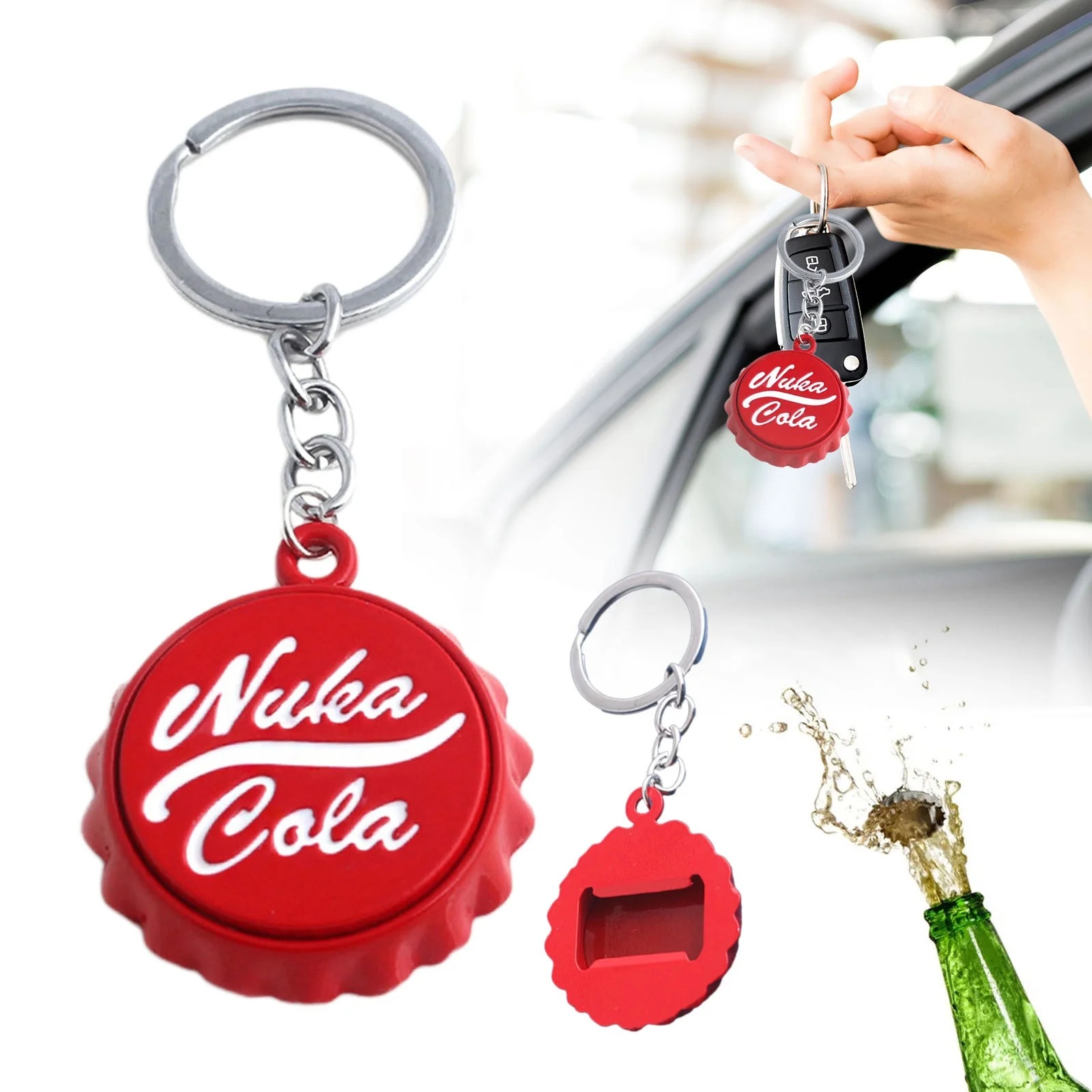 Nuka Cola themed bottle cap keychains as an example of collectible merchandise
