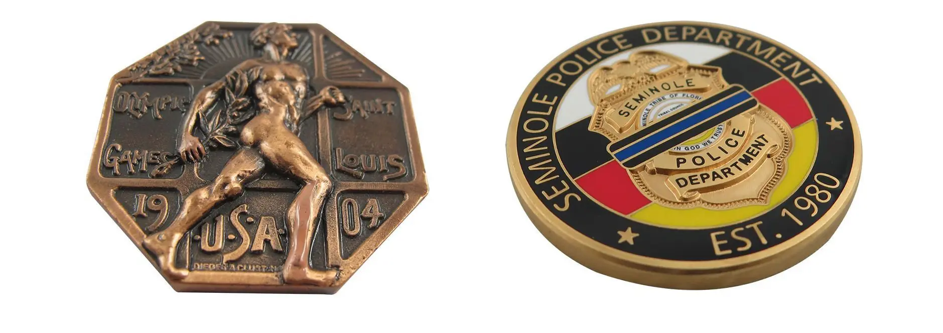 Custom metal challenge coins featuring an Olympic Games and a Seminole Police Department design