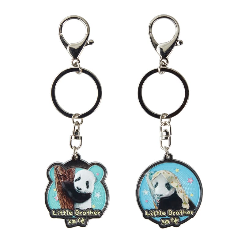 A pair of custom panda-themed metal keychains, perfect for promotional gifts.