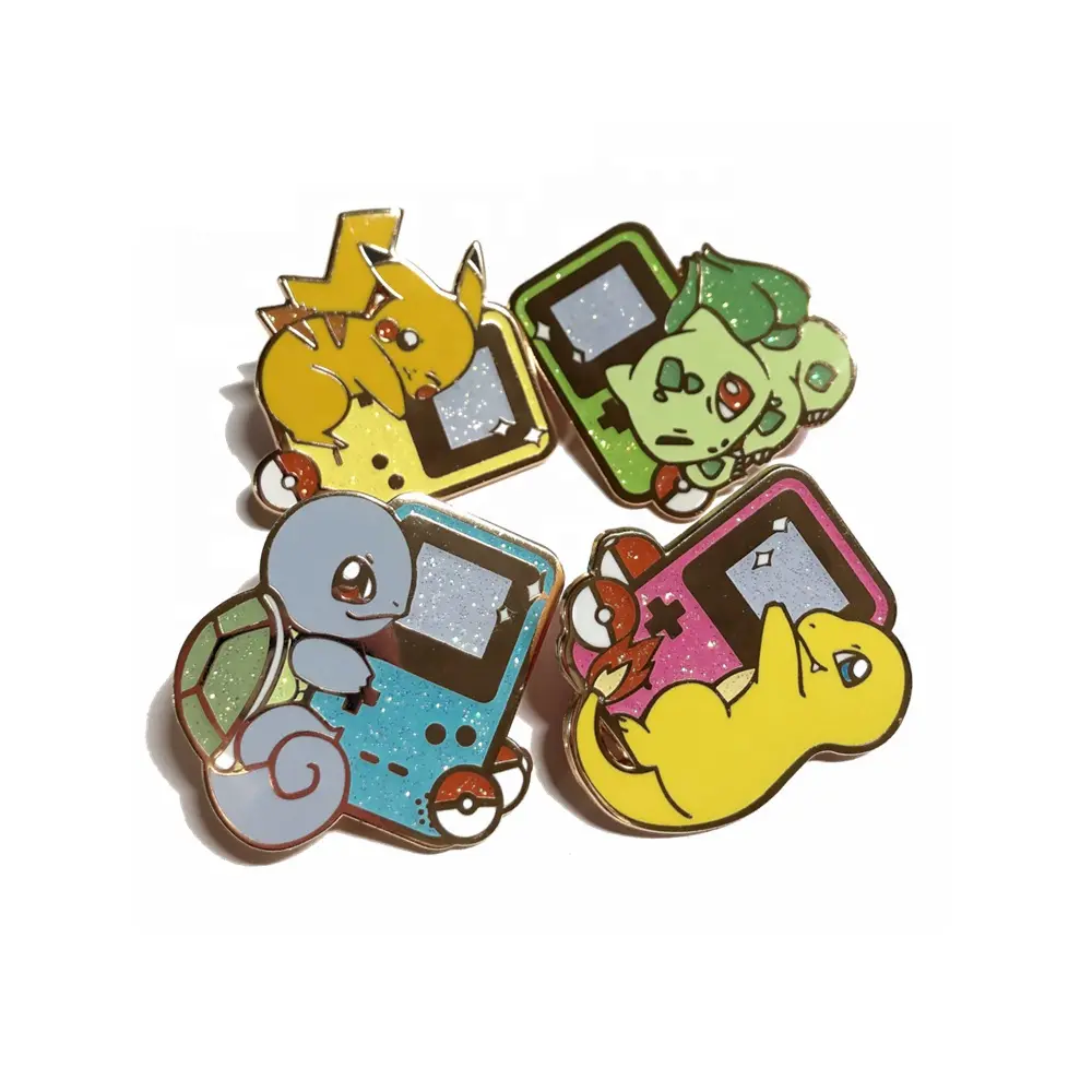 Four Pokémon pins featuring Pikachu, Squirtle, and Bulbasaur with Game Boy-style devices