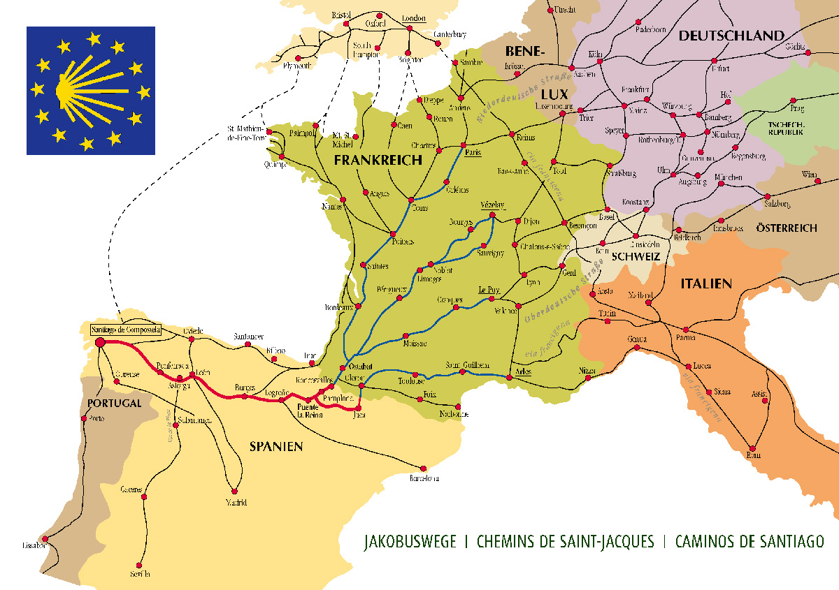 Map of the pilgrimage routes of Saint James (Camino de Santiago) across Europe
