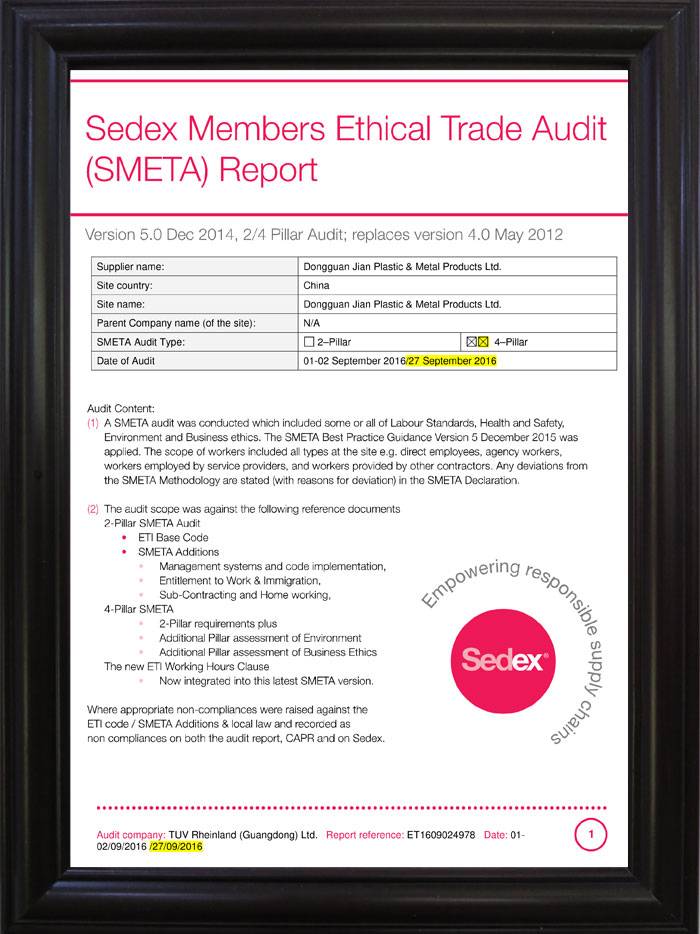 SMETA Sedex Members Ethical Trade Audit Report certification.