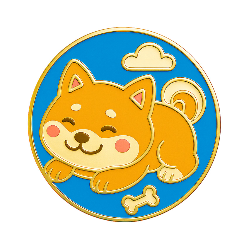 The final manufactured enamel pin of the Shiba Inu dog design.