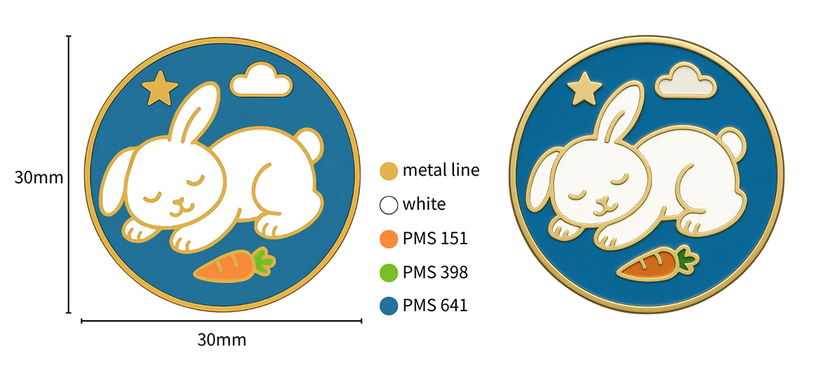 A vector design file for a sleeping rabbit pin, showing dimensions and Pantone color codes.