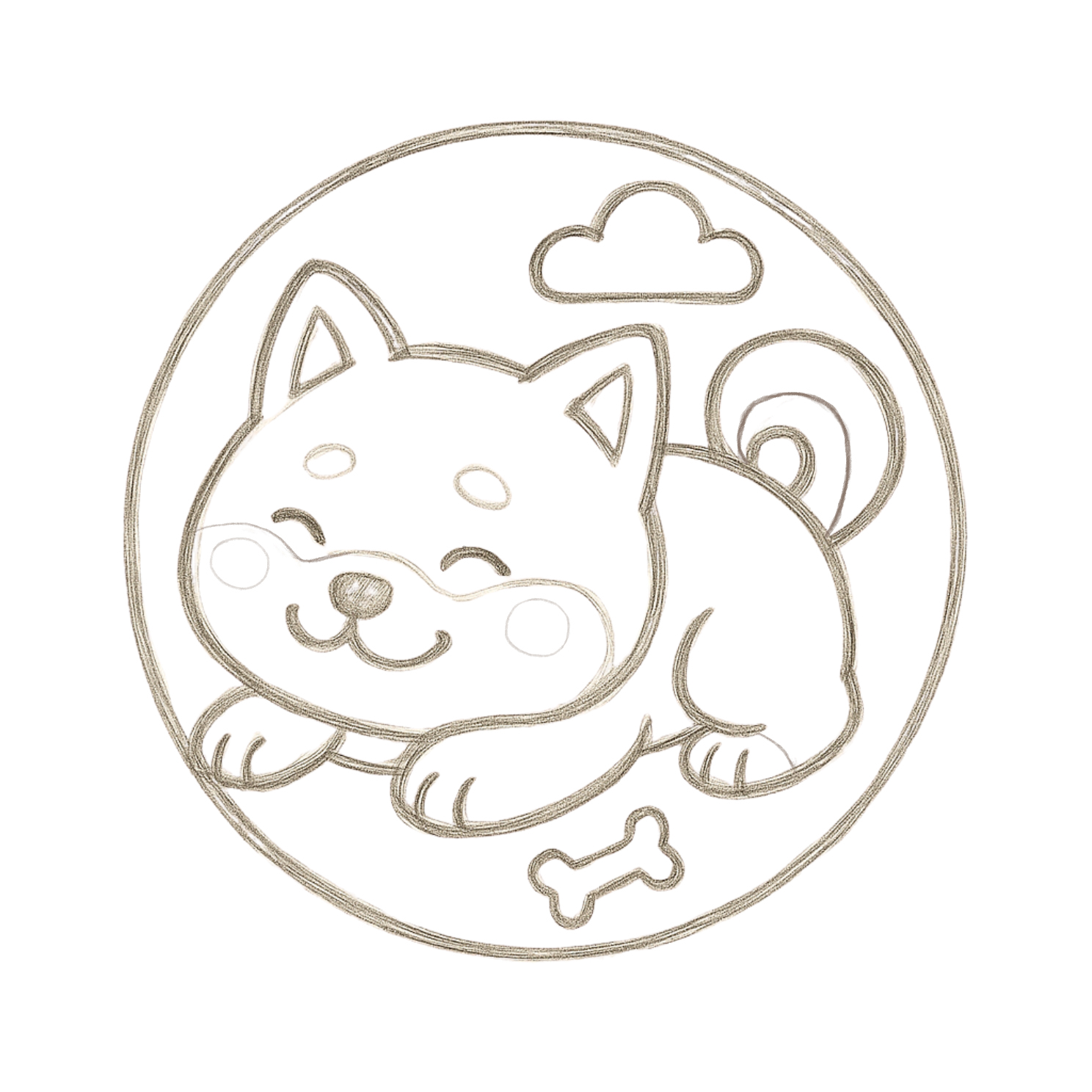 A hand-drawn sketch of a smiling Shiba Inu dog for a pin design.